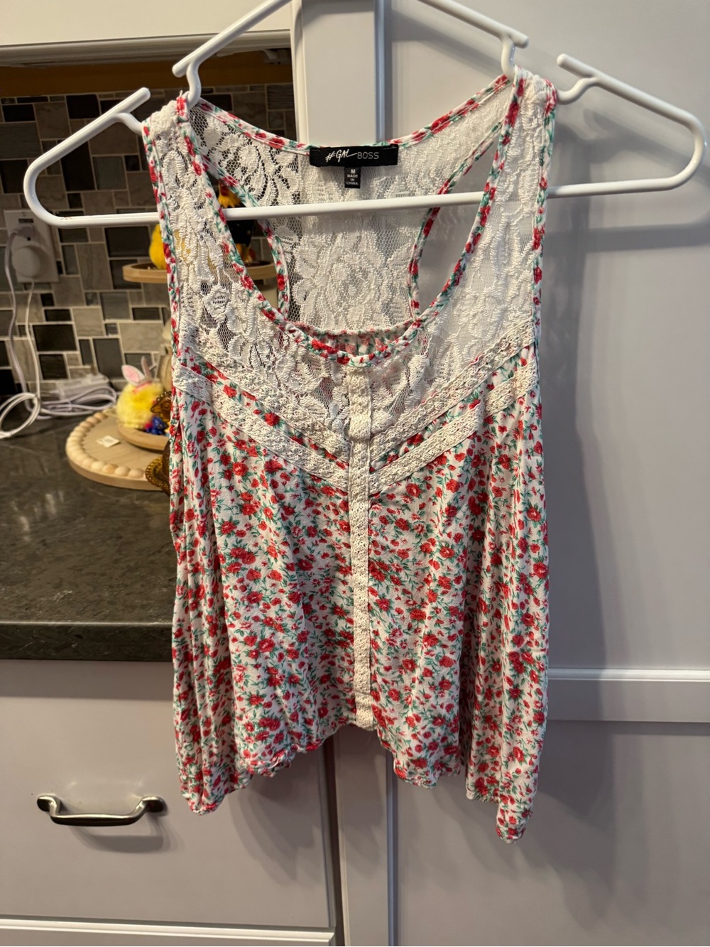 Mossimo Supply Co. White Lace-Back Floral Camisole with Red and Green Print